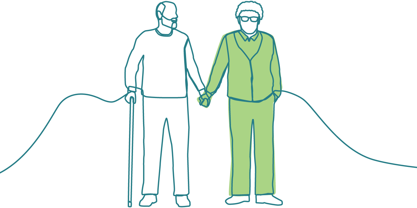 Two men holding hands. One has a walking stick