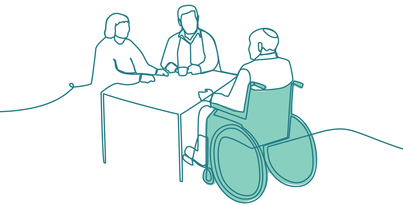 Three people talking around a table