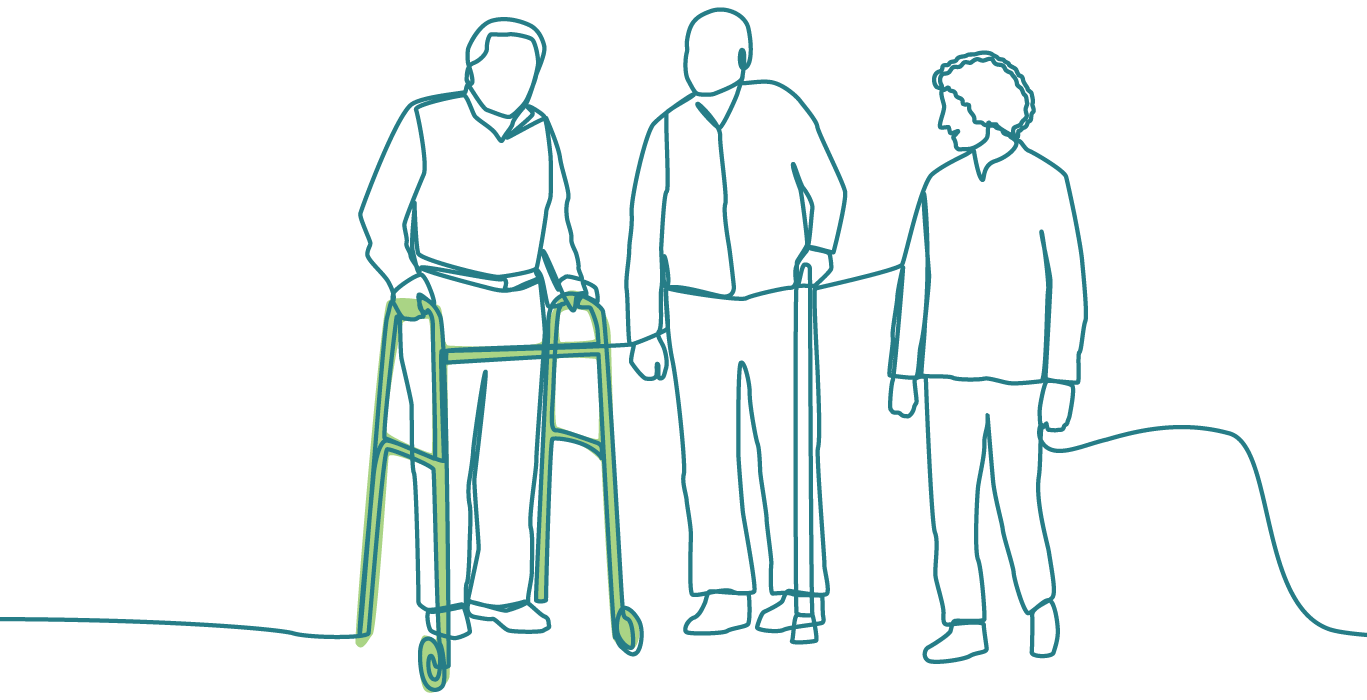 The people walking together. One has a walking frame, and one has a walking stick