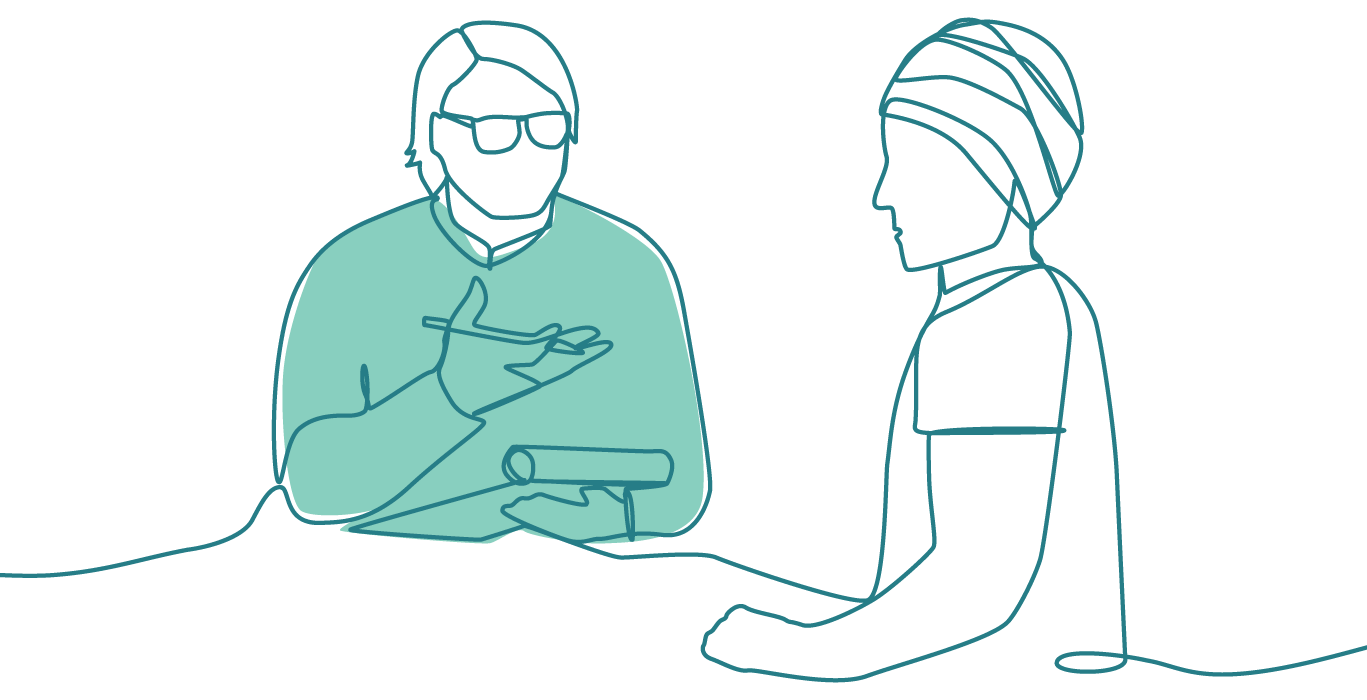 Two people talking together. One has a pen and paper