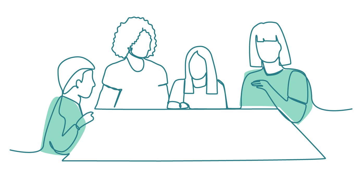 Dau oedolyn a dau blentyn yn eistedd o amgylch bwrdd