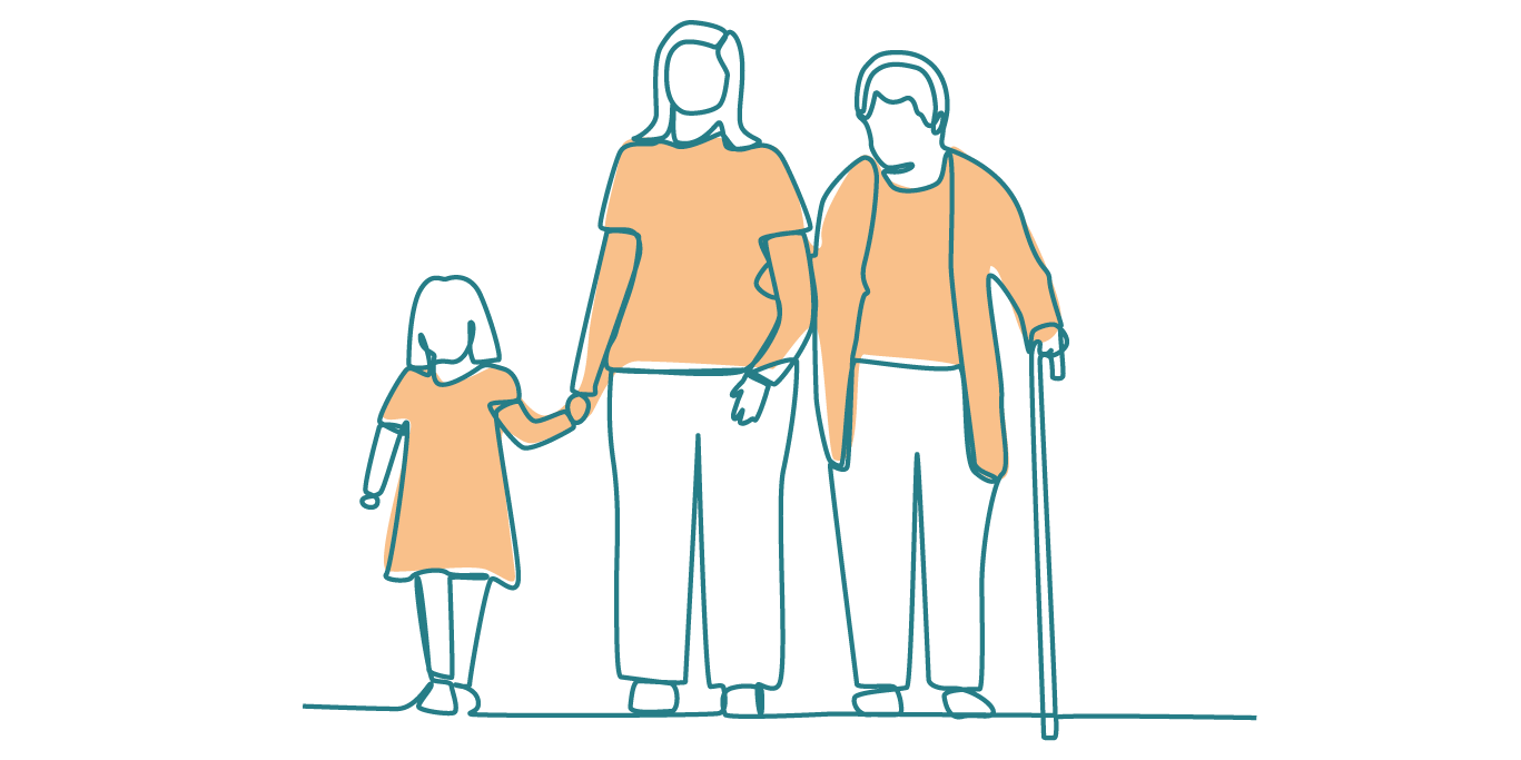 Two adults with a child. One adult has a walking stick