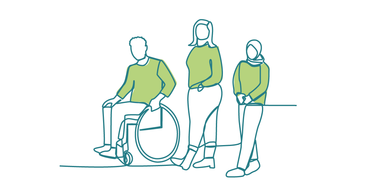A group of three people with two walking and one using a wheelchair