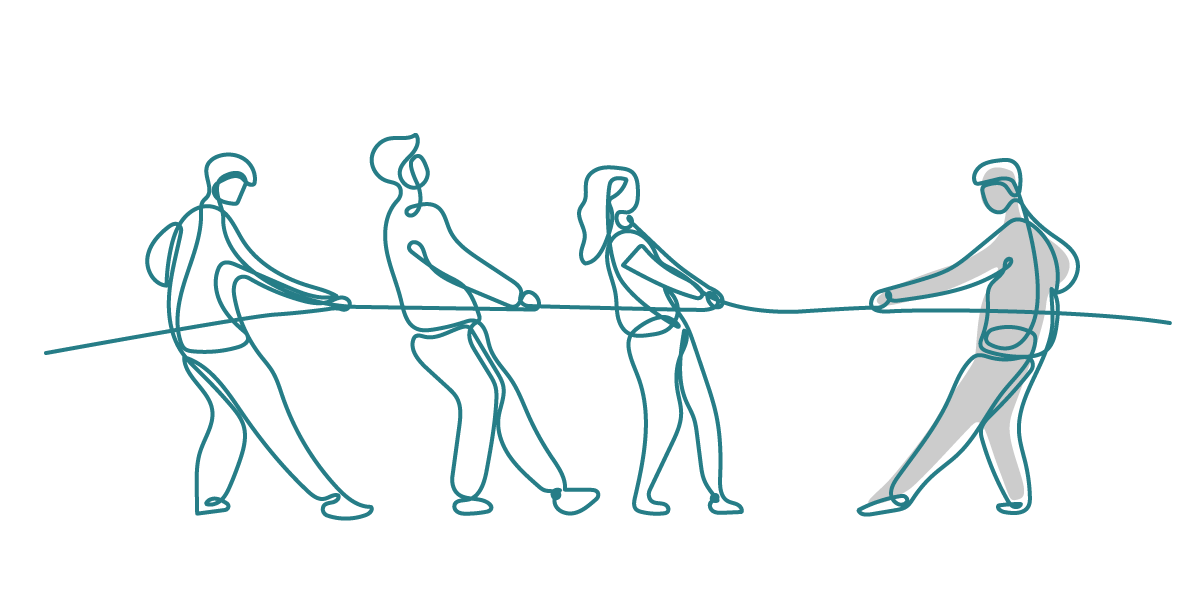 A game of tug of war with three people on one side and one person on the other side