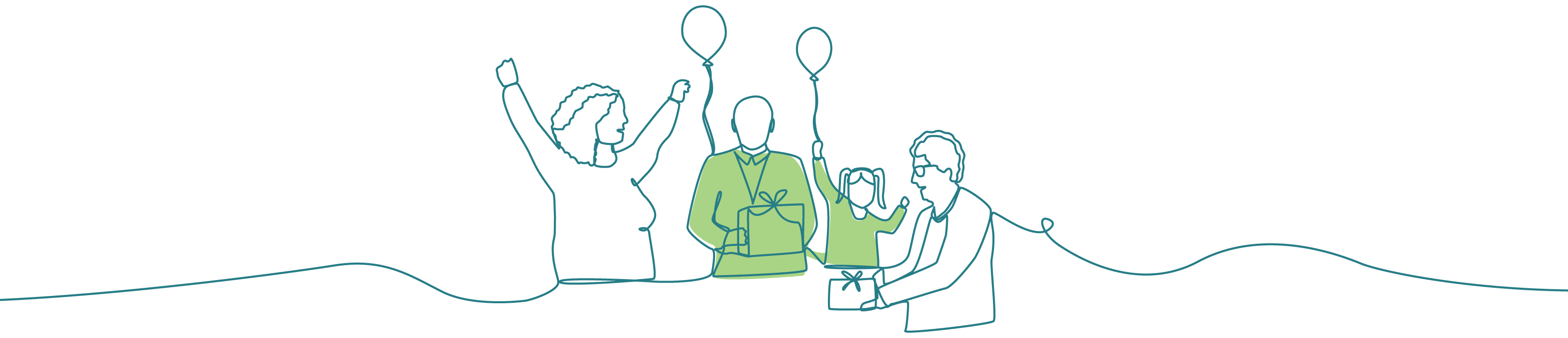 Three adults and a child celebrating with balloons and presents