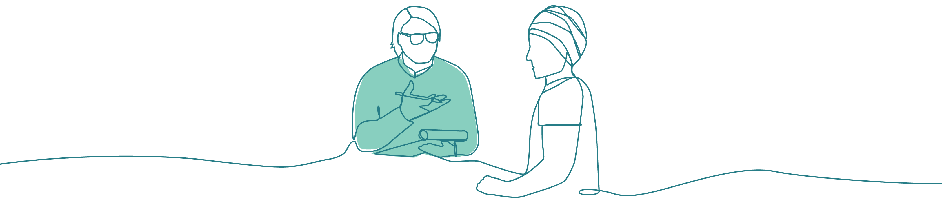 Two people talking together. One has a pen and paper