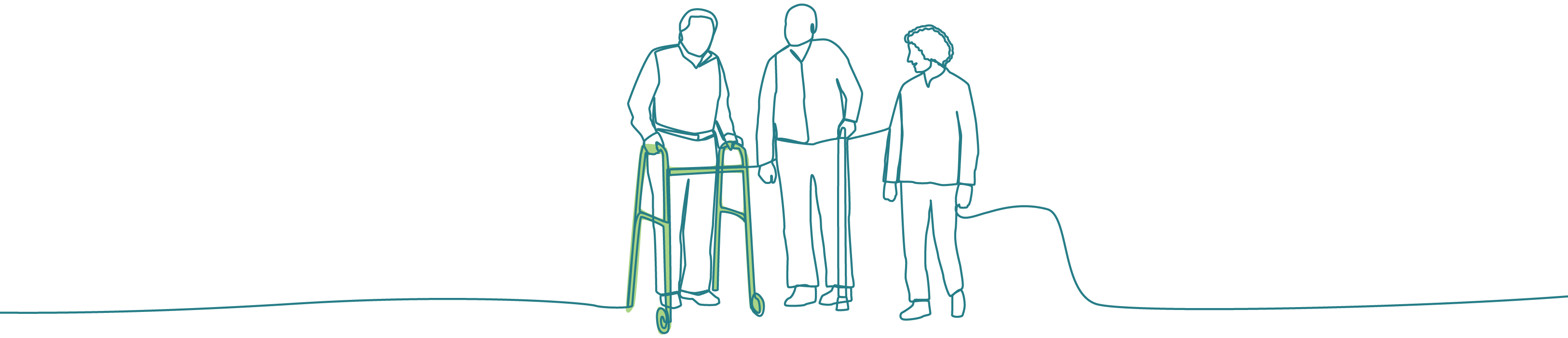 Three people walking together. One has a walking frame, and one has a walking stick