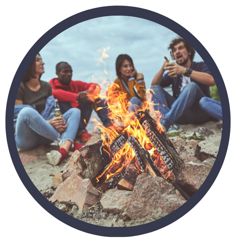 Decorative image shows people chatting around a campfire