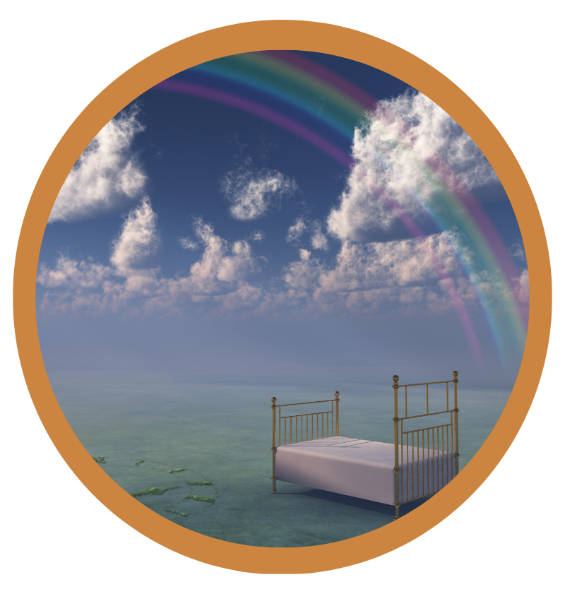 Decorative image shows an empty bed in an outdoor setting under an open blue sky with some clouds and a rainbow