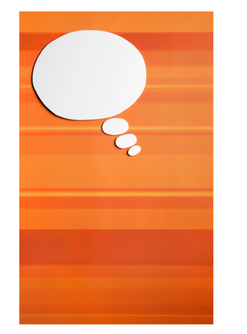 Decorative image: Striped orange background with a white thought bubble