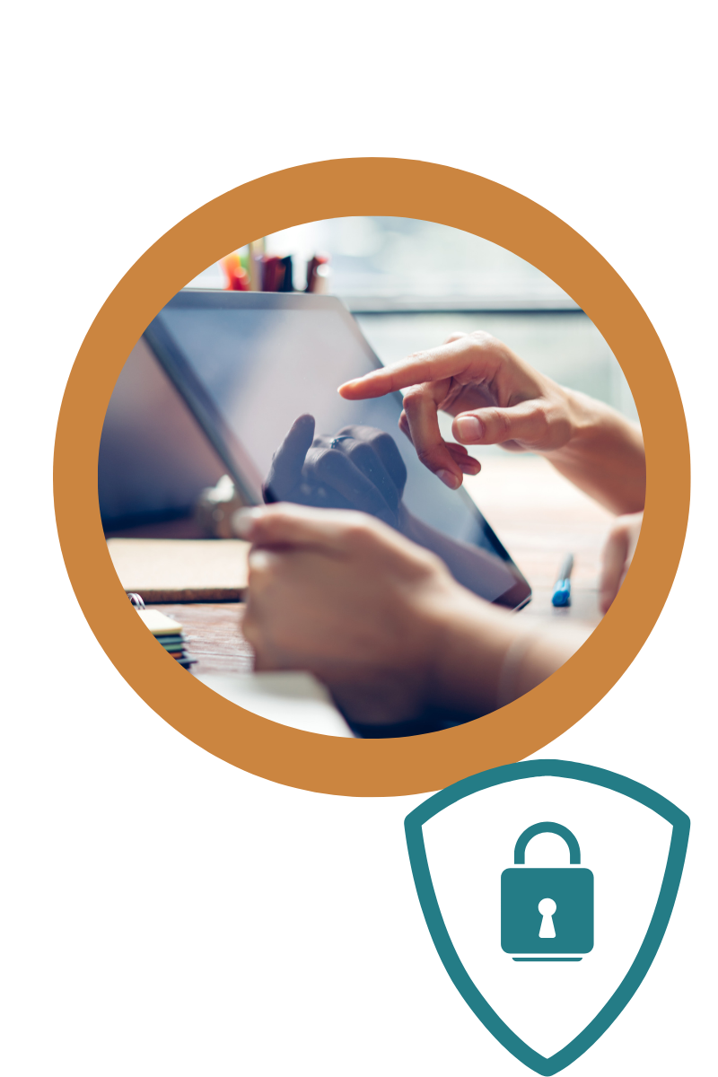 Decorative: shows photograph with human hands using a tablet and a graphic with a shield with a security icon padlock on it