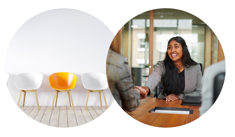 Decorative image shows empty chairs and a smiling successful candidate shaking hands with new employer.